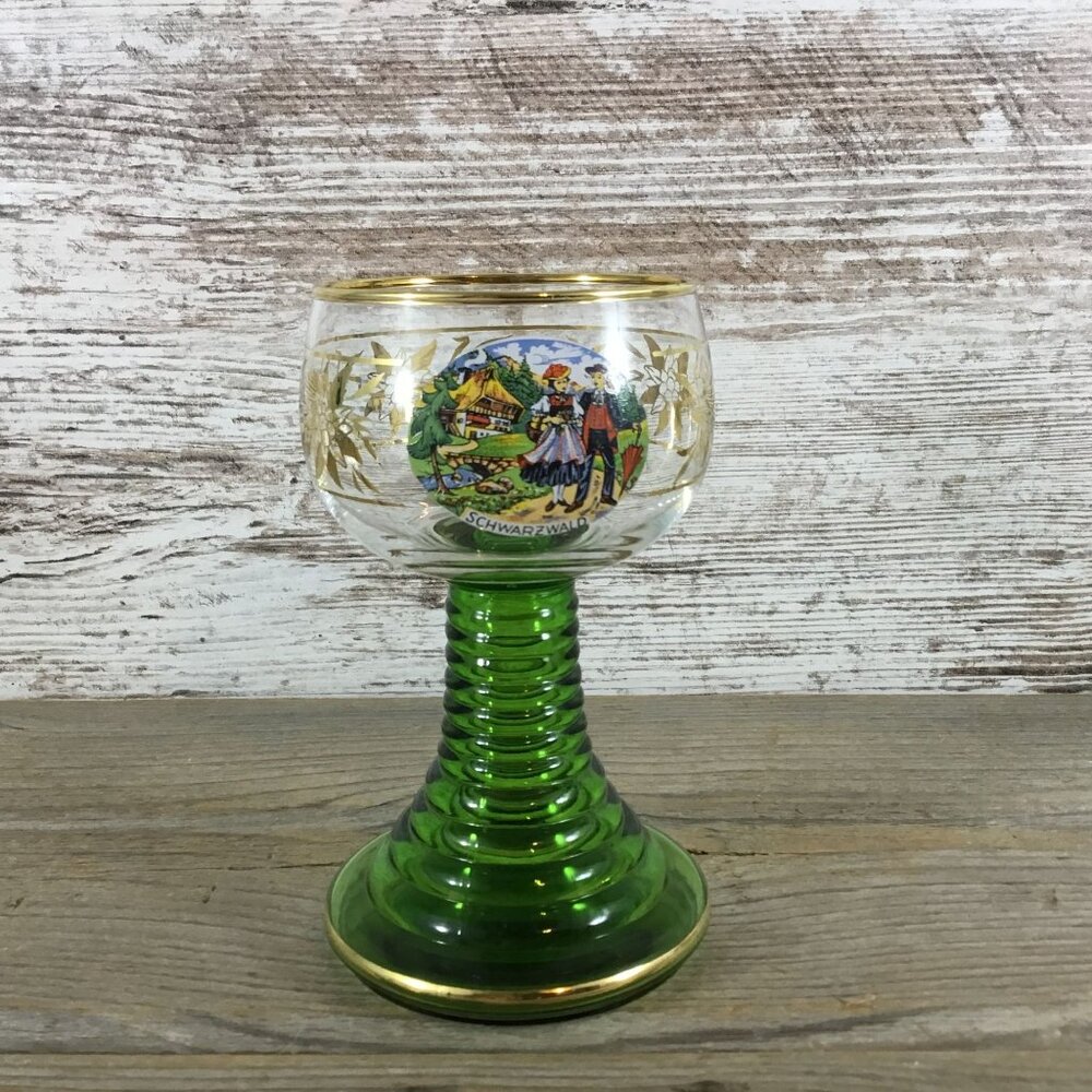 German Green Beehive Stem Cordial Glass Souvenir Gold Rim Schwarzwald